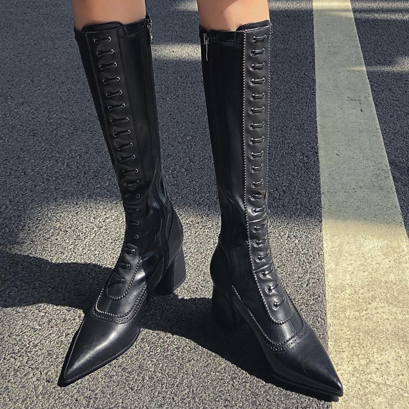 Women's genuine leather thick high heel autumn knee high boots pointed toe cross strap retro med heel long boots slim shoes sale, Beige
Women's genuine leather thick high heel autumn knee high boots pointed toe cross strap retro med heel long boots slim shoes sale, Beige