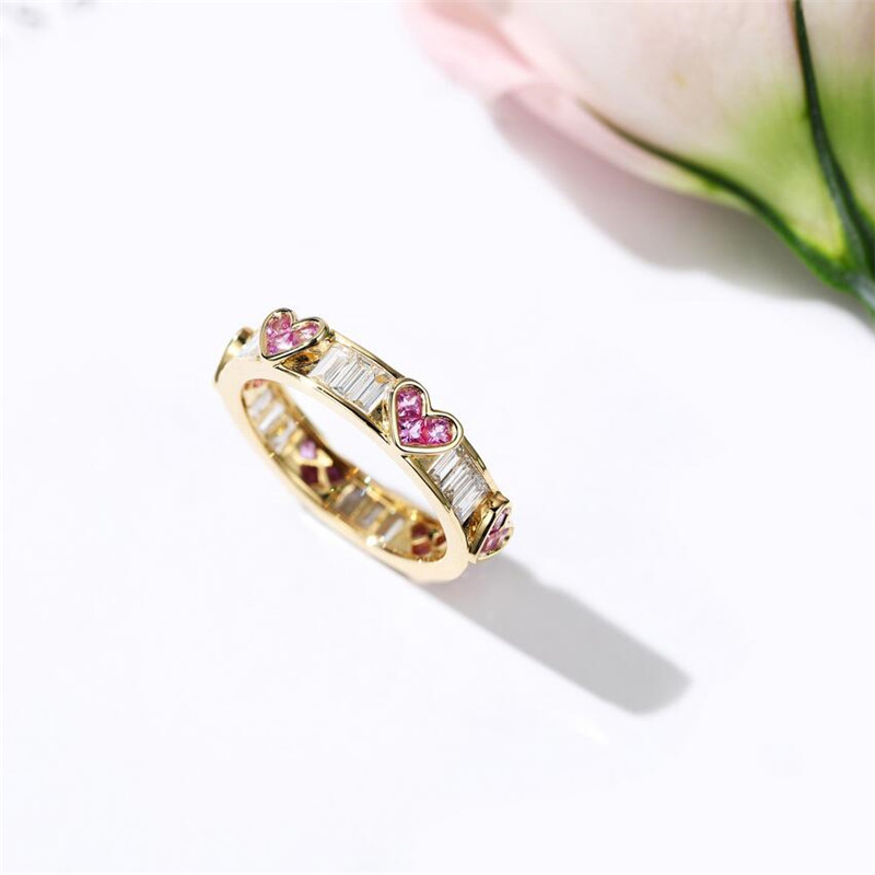 Classical Fine Jewelry Hot Sale 925 Sterling Silver&Gold Fill Pink Sapphire CZ Diamond Gemstones Heart Shape Women Wedding Band Ring Gift