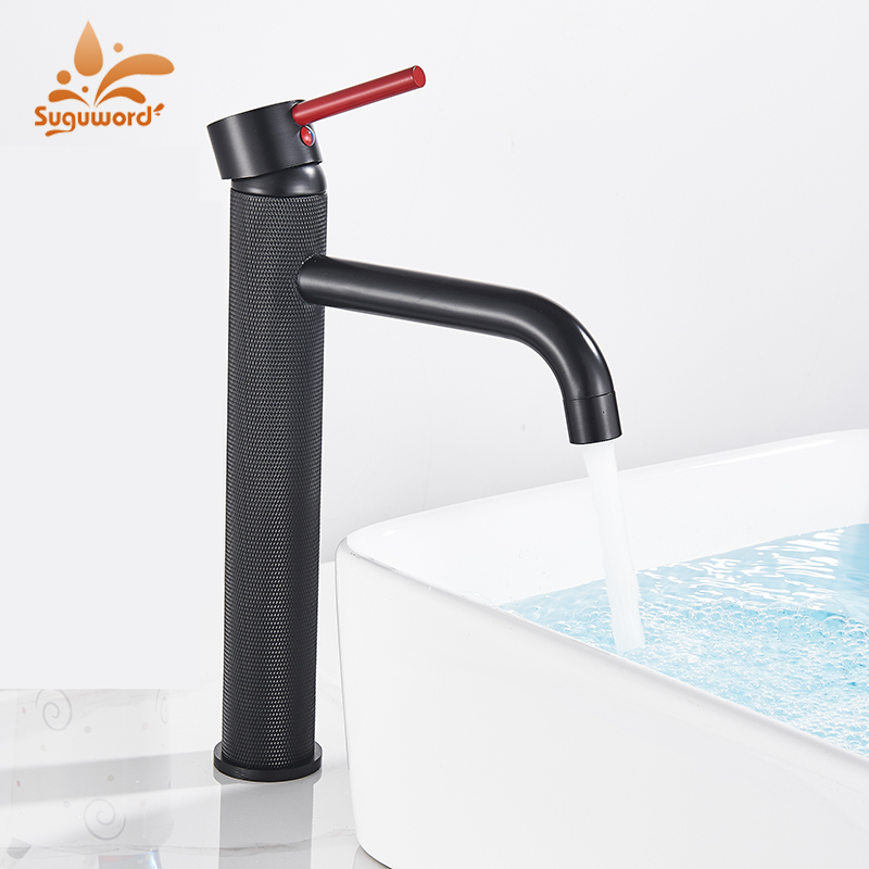 

Red Black Basin Faucet Tall Slim Bathroom Sink Taps Hot and Cold Water 360 Degree Rotation Deck Mounted Modern Design Mixer Tap
