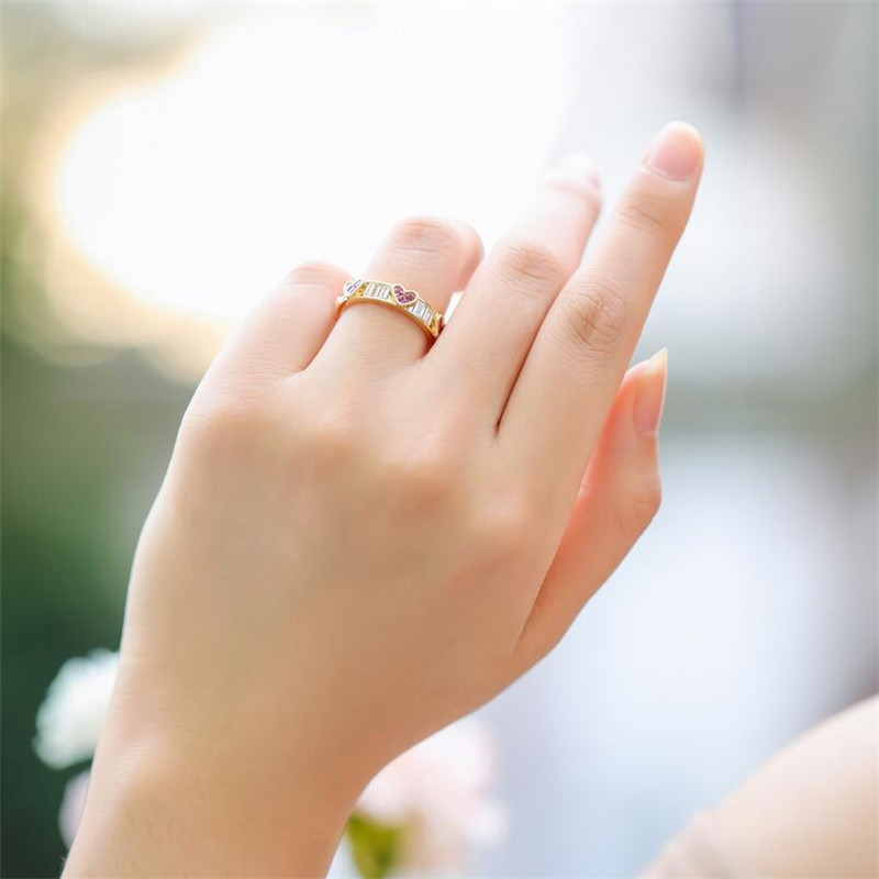 Classical Fine Jewelry Hot Sale 925 Sterling Silver&Gold Fill Pink Sapphire CZ Diamond Gemstones Heart Shape Women Wedding Band Ring Gift