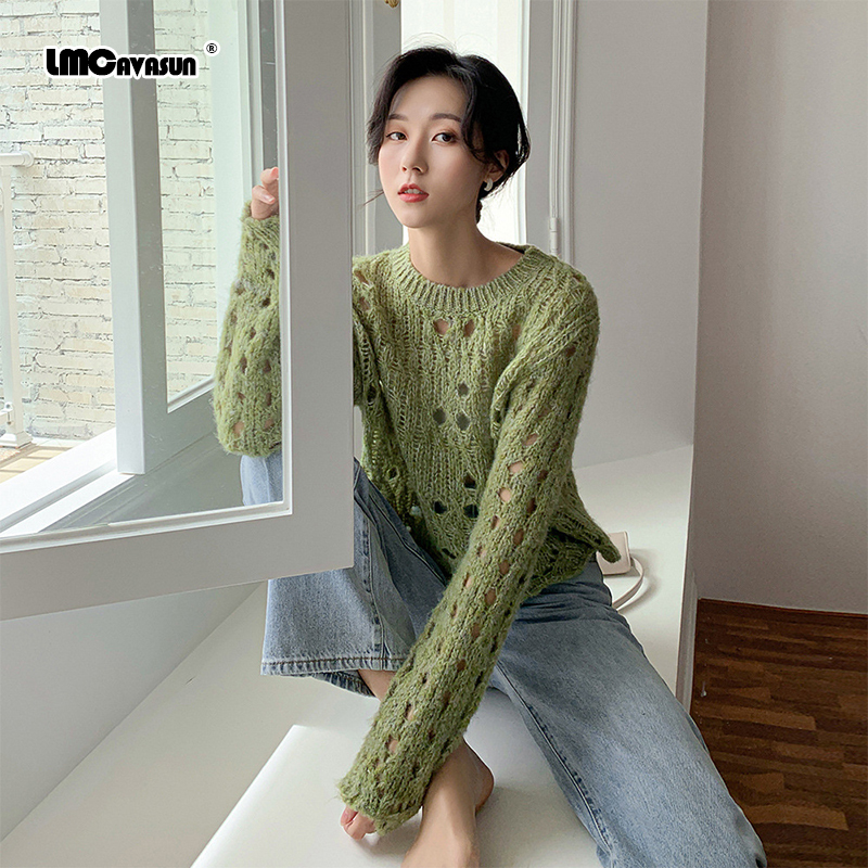 LMCAVASUN New autumn Simple pullover Round neck Loose Long sleeve Women's ripped sweater Gray green black M370