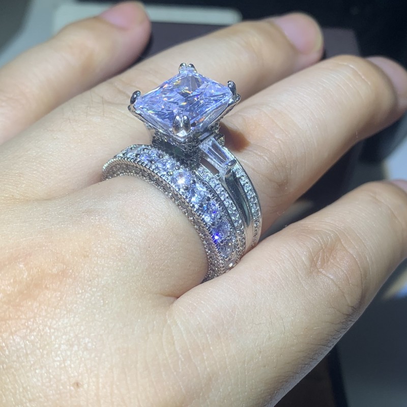 Choucong Brand New Vintage Jewelry 925 Sterling Silver Couple Rings Princess Cut Large Topaz Eiffel Tower Women Wedding Bridal Ring Set