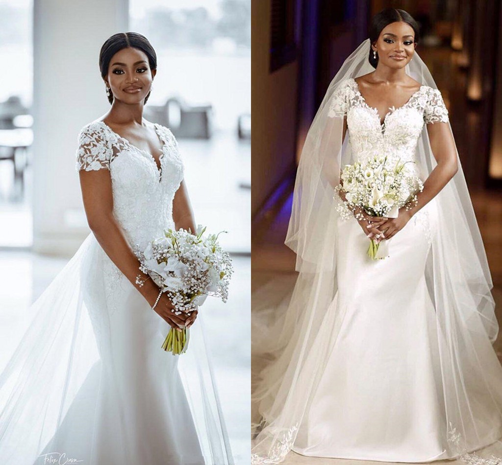 Arabic Aso Ebi Mermaid Wedding Dresses with Detachable Train 2021 Lace Stain V-neck Princess Bride White Dress Vestidos playa