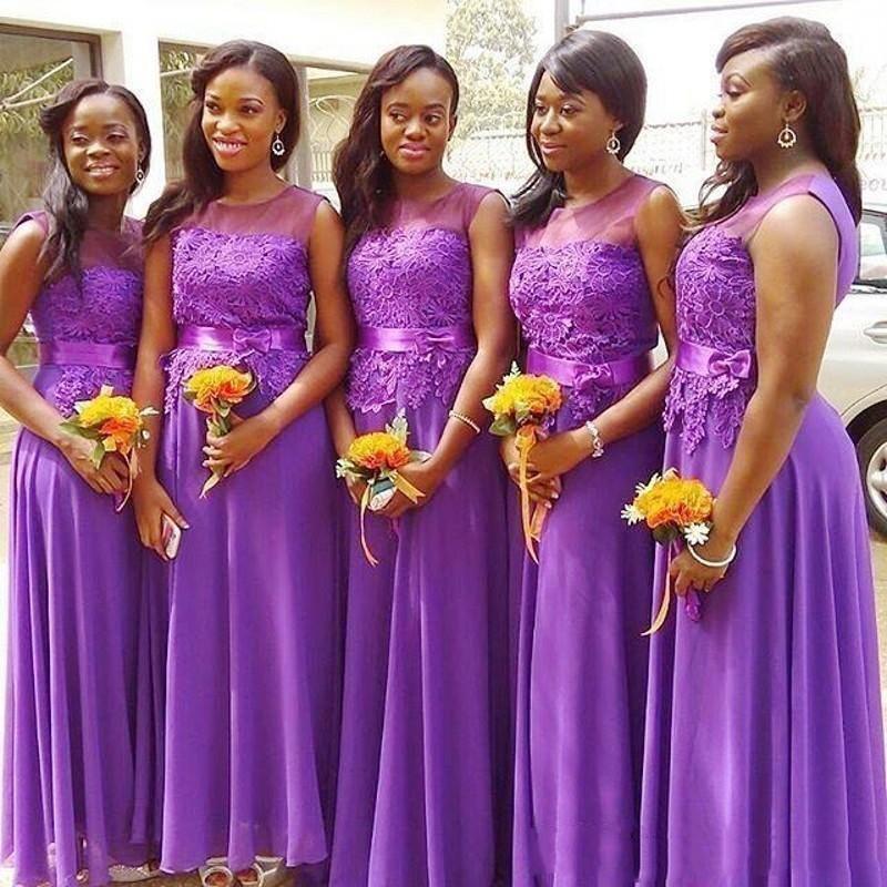 A Line Purple Bridesmaid Dresses Chiffon Floor Length Summer Garden Countryside Wedding Party Maid of Honor Gowns Custom Made