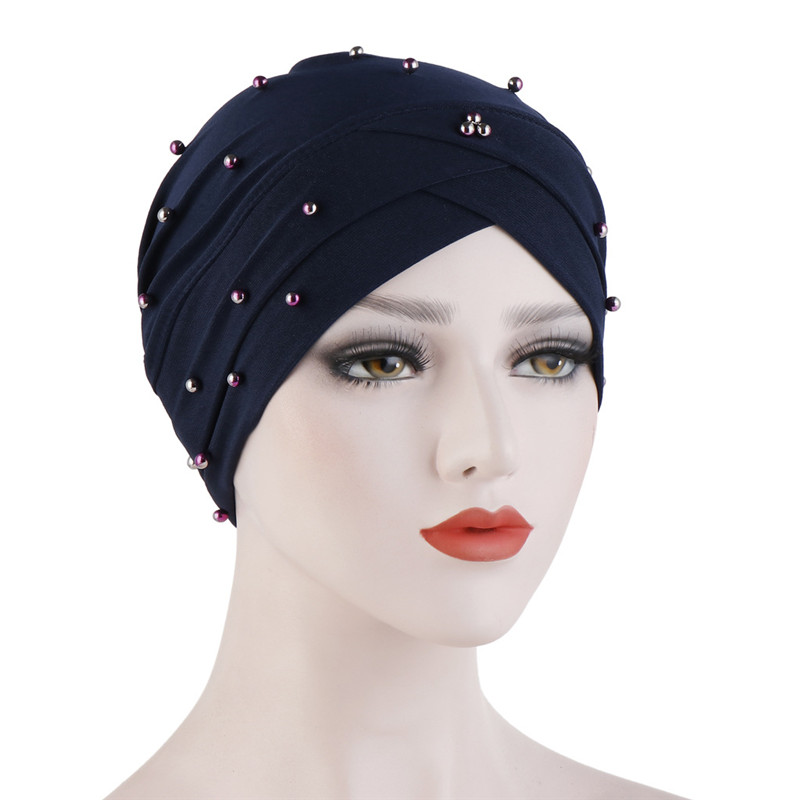 2020 Fashion Cross Headscarf Hat Solid beading Inner Hijab Bonnet Handmade Linen Muslim Turban Cap Islam Arab Wrap Head Hats