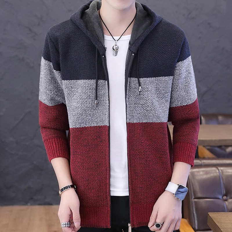 

brand Sweater Coat Men's Sweater Male Jacket Thick Warm Hooded Sweaters Knitwear Striped Warm Sweatercoat Cardigans Men Clothing, Light blue