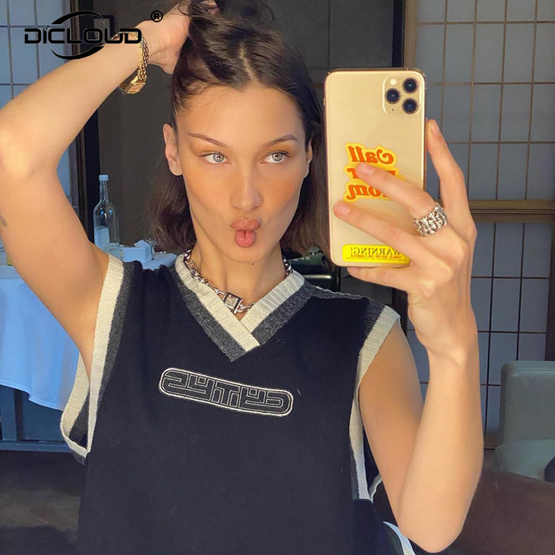 Old School Fashion Bella Oversized Knitted Vest Top Women Vintage Sleeveless Sweater Tank Tops Chic Street Girls Waistcoat 200924