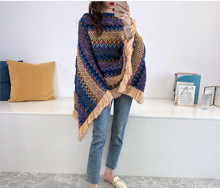 New autumn winter fashion womens colorful gradient color nation ethnic style knitted poncho sweater mantle clock tops