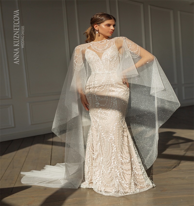 Glitter Anna Kuznetcova 2020 Mermaid Wedding Dresses With Wrap Appliqued Lace Tiered Bridal Gowns Custom Made Long Wedding Dress