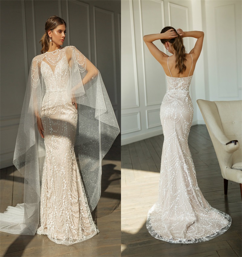 Glitter Anna Kuznetcova 2020 Mermaid Wedding Dresses With Wrap Appliqued Lace Tiered Bridal Gowns Custom Made Long Wedding Dress