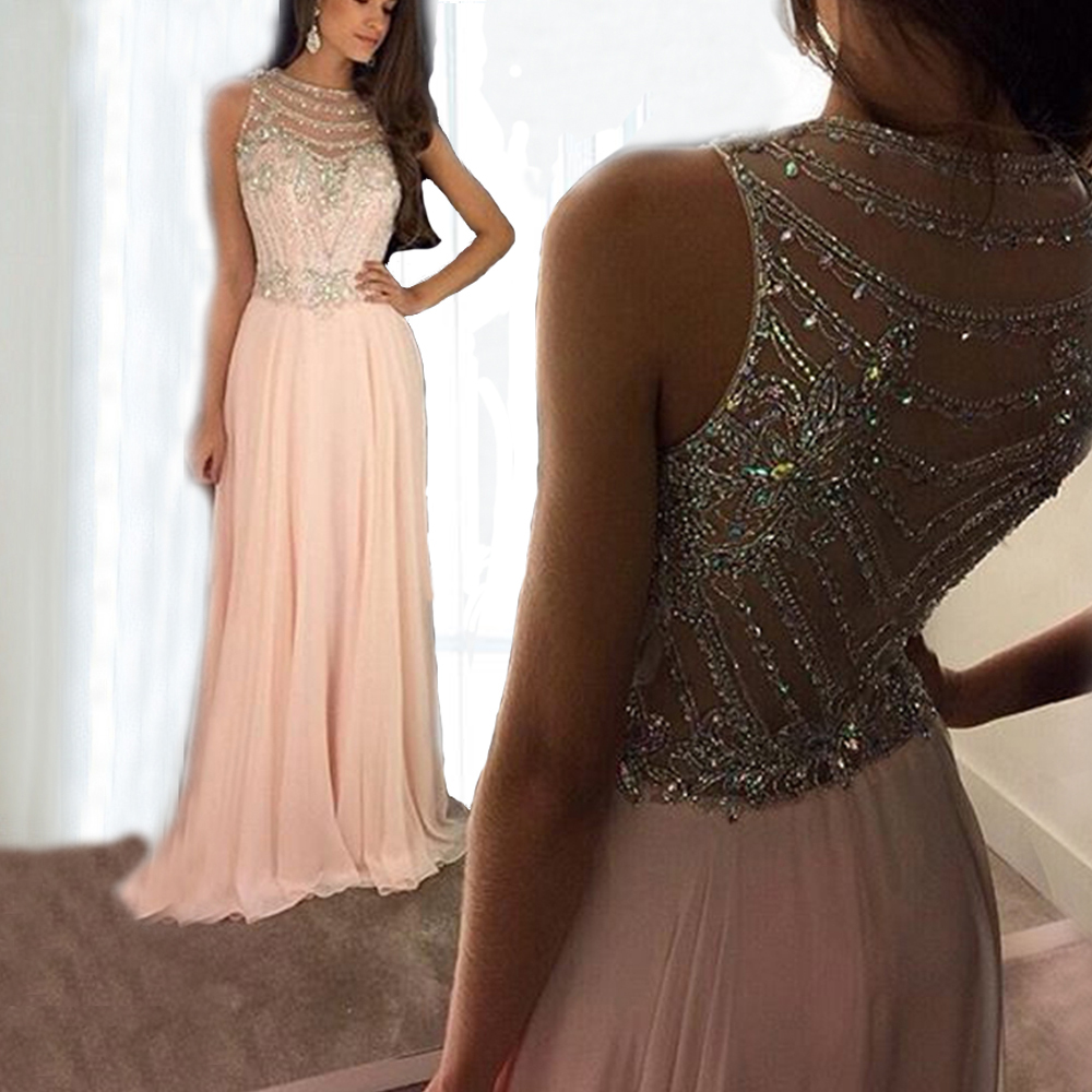 Pink Evening Dresses Long Elegant A-line Scoop Neck Sequin Chiffon Sleeveless Beaded Prom Dresses Woman Party Soiree Robe