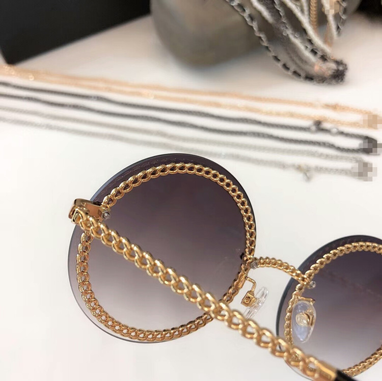 New high-quality round chain sunglasses metal leather pearl chain rectangular glasses