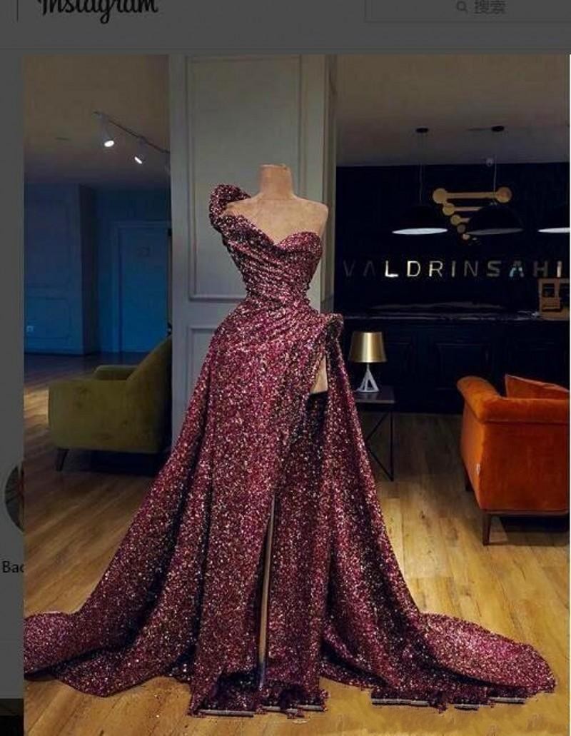 Bury Sexy New One Shoulder Sequined Prom Dresses High Side Split Ruffles Sweep Train Evening Backless Formal Dress Party Gowns