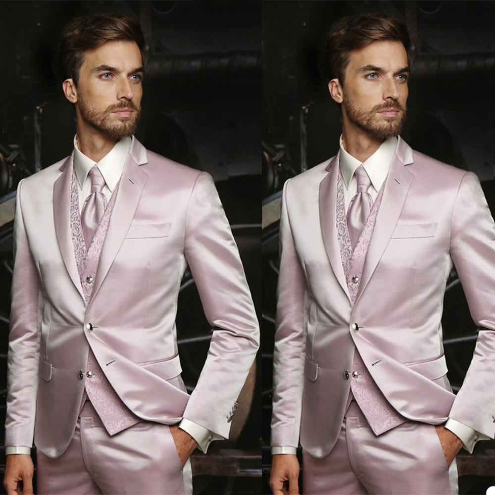 3-piece Handsome Pink Satin Mens Suit Printed Vest Groom Suit Wedding Suits For Best Men Slim Fit Groom Tuxedos For Man