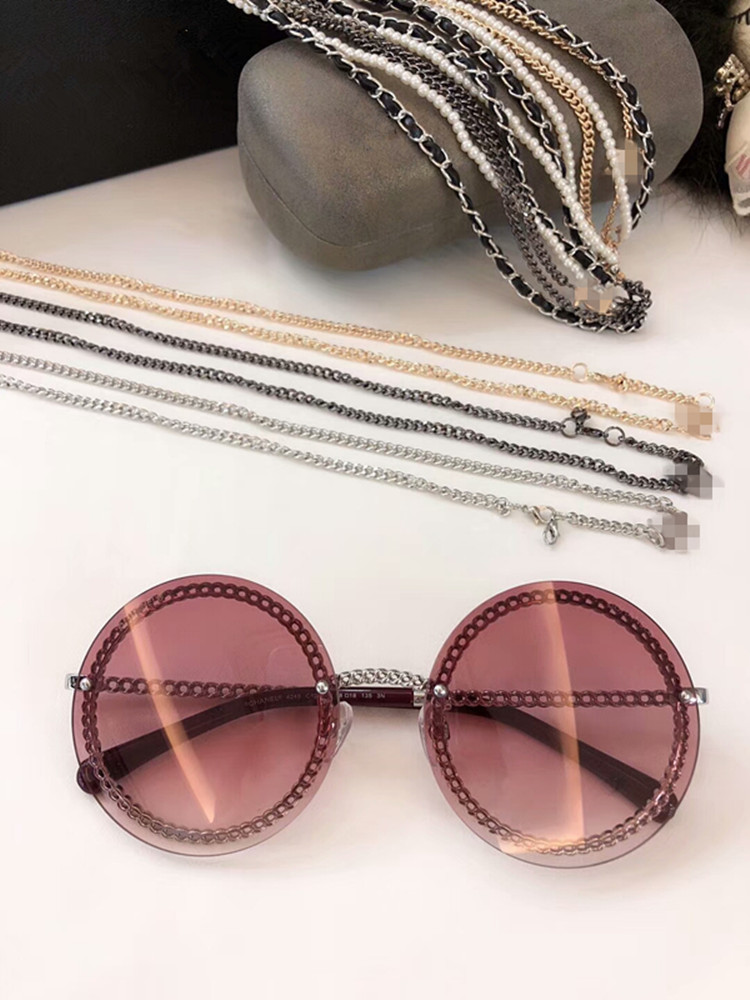 New high-quality round chain sunglasses metal leather pearl chain rectangular glasses