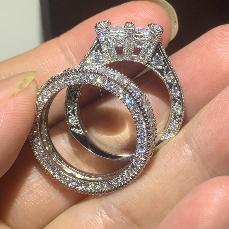 Size 5-10 Vintage Fine Jewelry 925 Sterling Silver Princess Cut Large White Topaz Pave CZ Diamond Gemstones Couple Women Bridal Ring Set