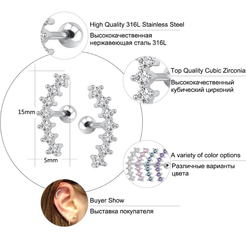 Stainless Steel Ear Cartilage Piercing Earrings Curve Seven CZ Stud Conch Oreille Jewelry