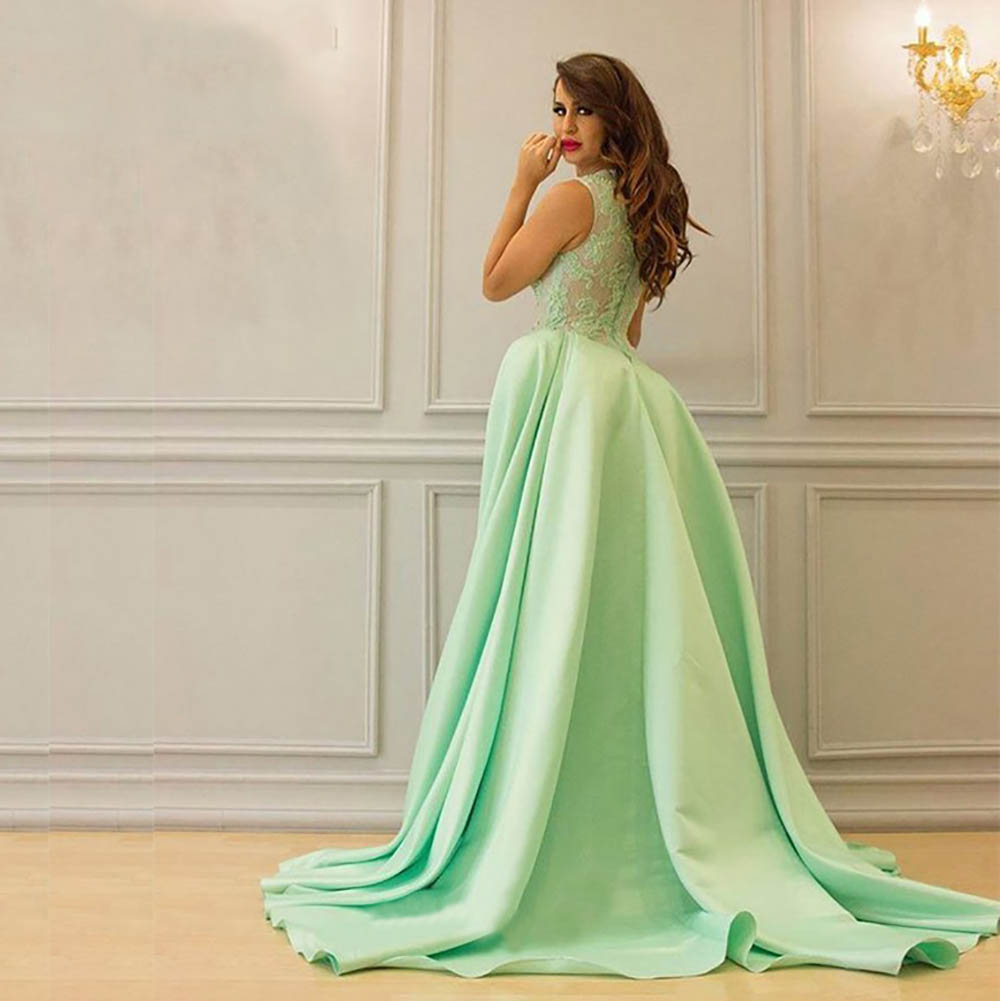 New Customize Light Green A Line Elegant Split Front Evening Dresses Lace Long Satin Party Dress Robe De Soiree
