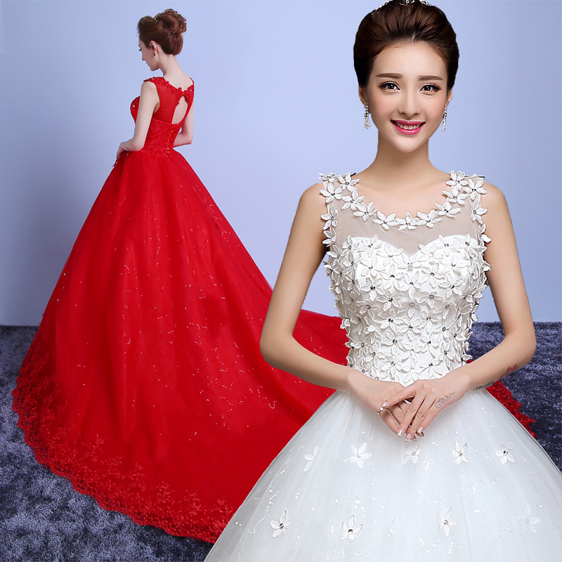 Red Retro Korean Style Big Long Train Wedding Dress 2020 Vestidos De Novia Real Photo Plus Size Princess Brid Lace with Flowers