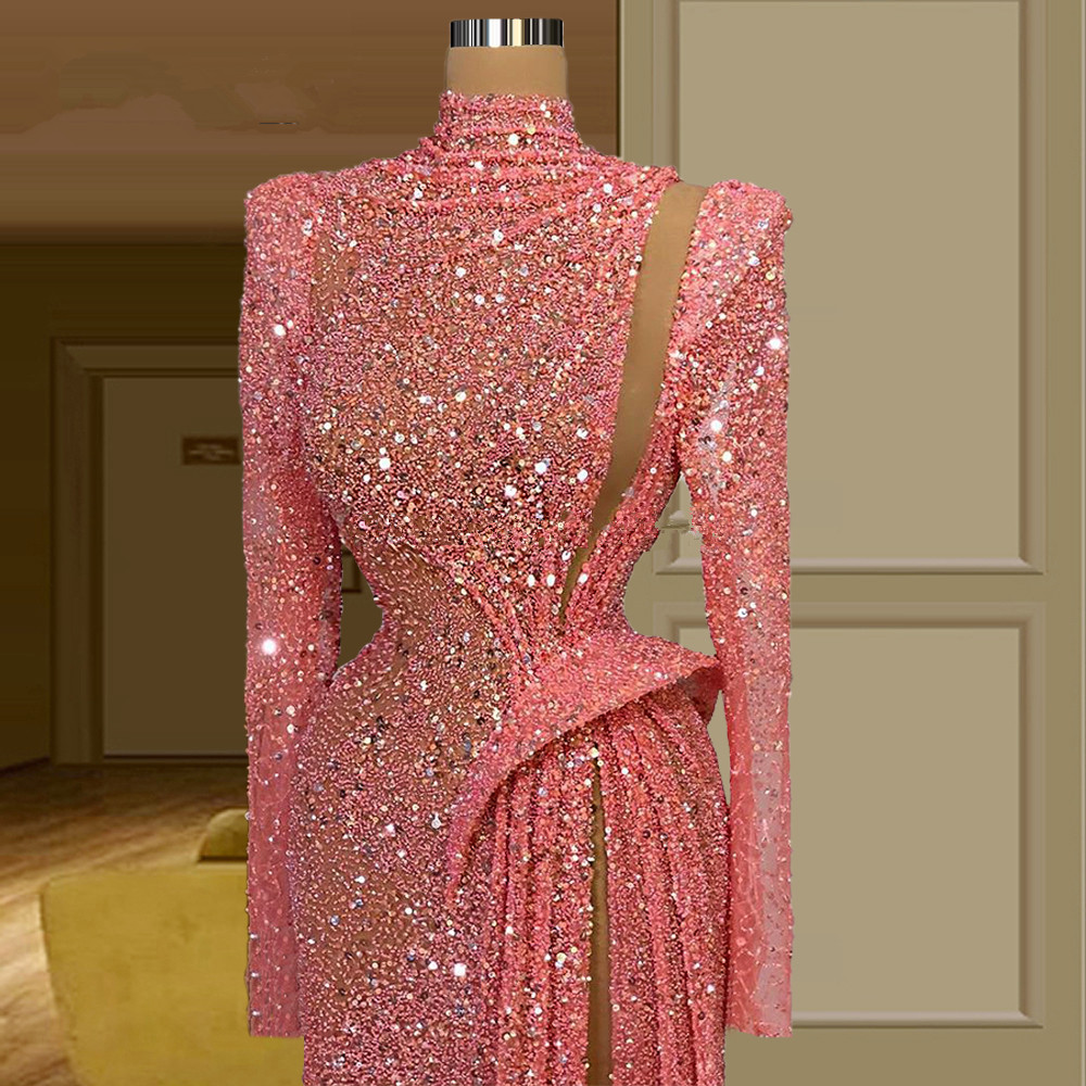 heavy beading prom dresses plus size high neck red carpet dress feathers pink long sleeve evening gowns vestidos de festa