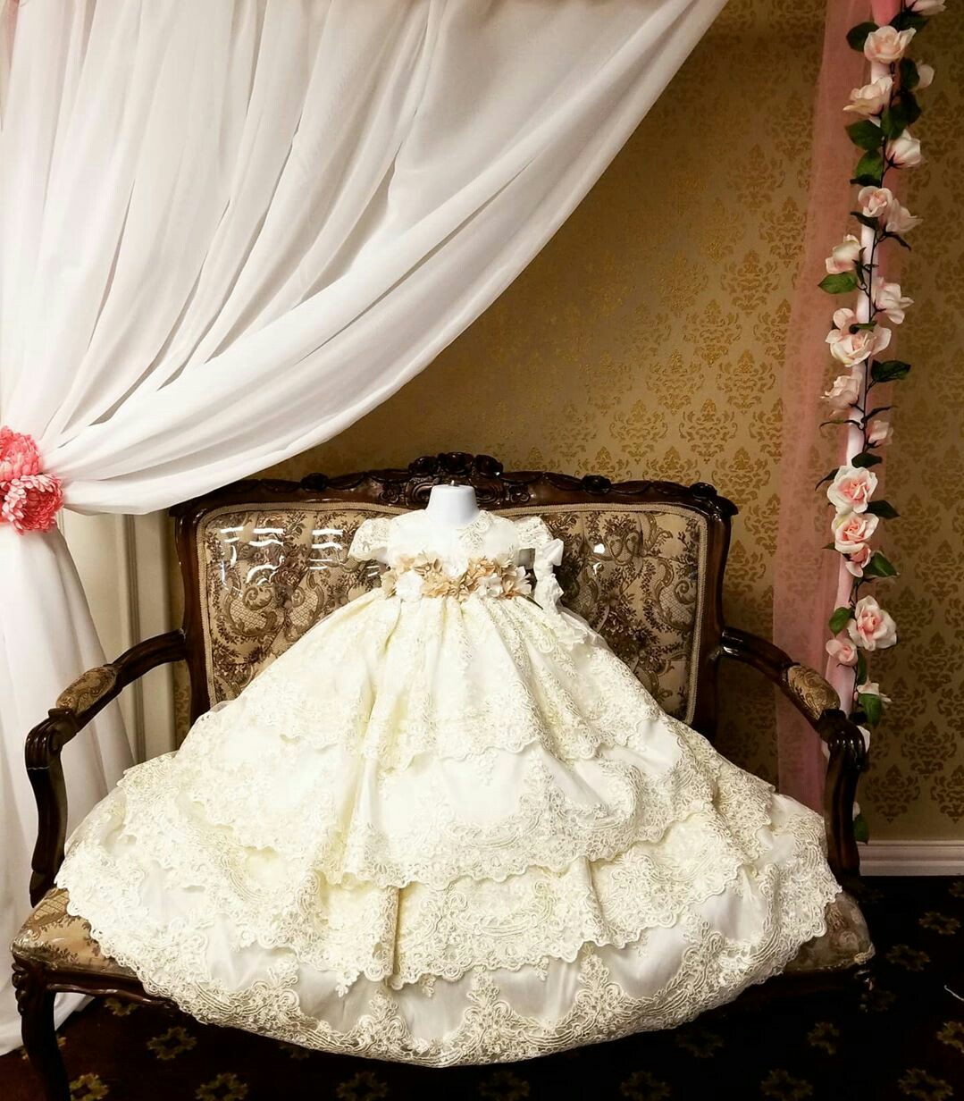 luxury 3d hand made flower first communion dresses jewel neck lace baptism dresses with bonnet for baby kids wear