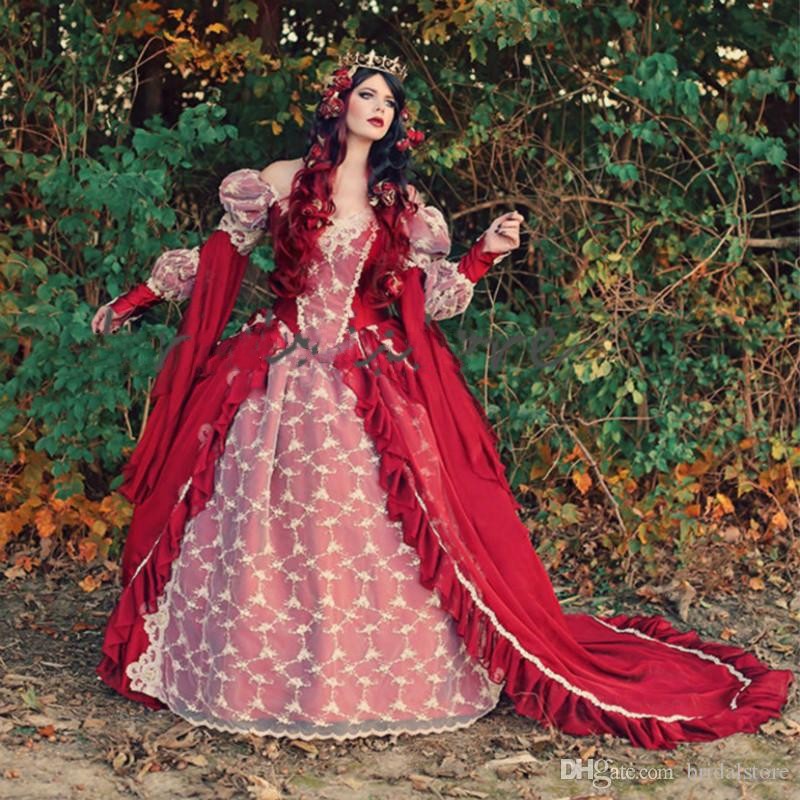 Fantasy Red Queen Gothic Wedding Dresses Halloween Medieval Country Garden A Line Wedding Dress With Lace Long Sleeves Corset Bridal Gowns
