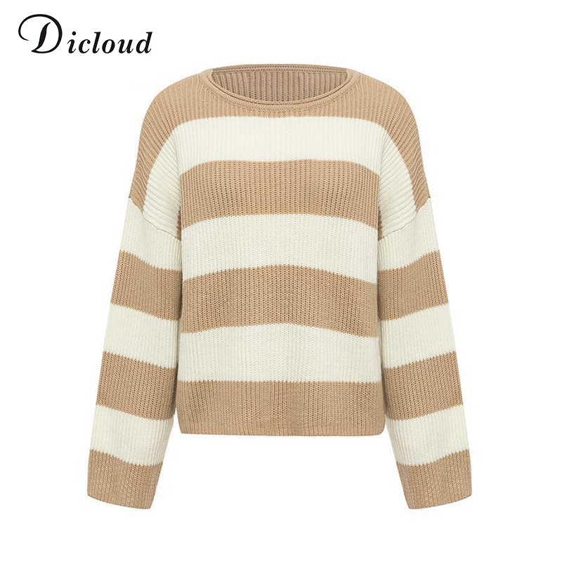 DICLOUD Casual Oversized Striped Sweater Women Autumn Long Sleeve Loose Pullover Winter Knitted Ladies Jumper White Top