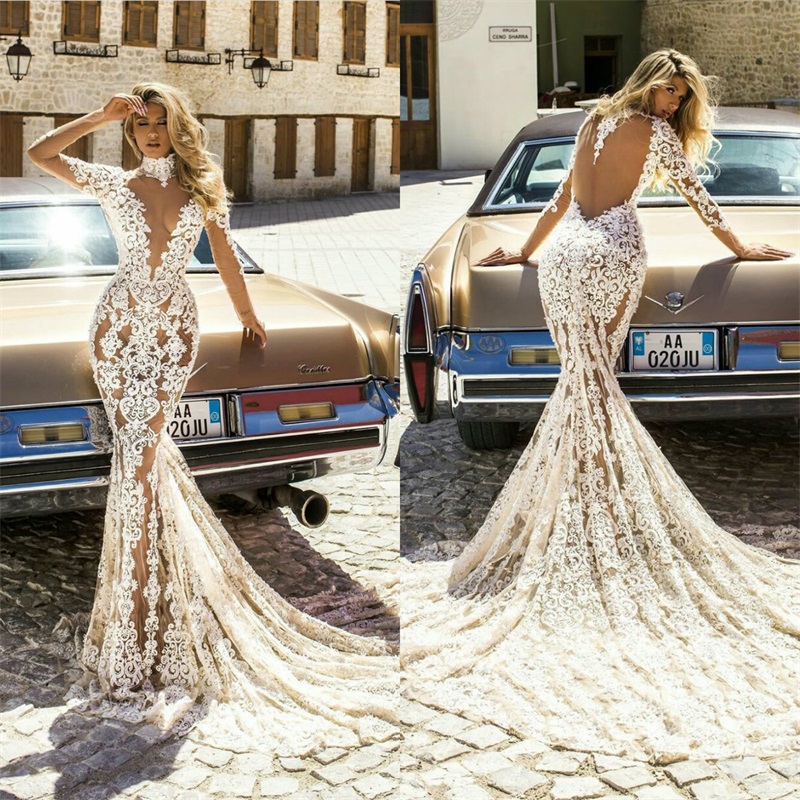 New Arrival Mermaid Wedding Dress High Neck Long Sleeves Appliqued Lace Bridal Gown Sexy Hollow Backless Sweep Train Vestidos De Novia
