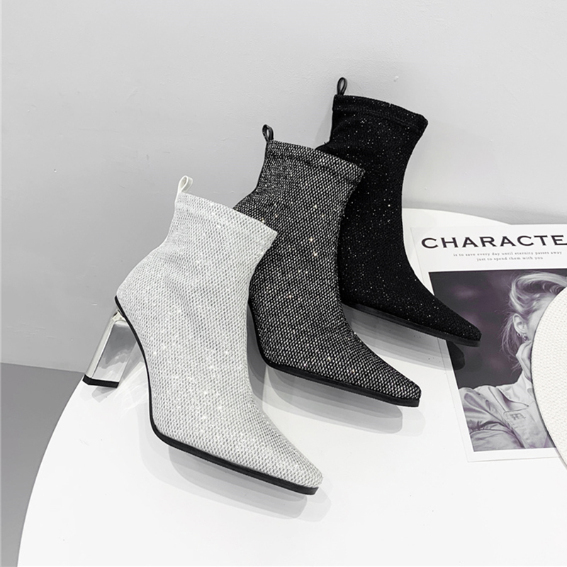 2020 Spring Luxury Women Glitter Sliver Elastic Sock Boots Designer White Black Block High Heels Bling Ankle Boots Party Shoes
2020 Spring Luxury Women Glitter Sliver Elastic Sock Boots Designer White Black Block High Heels Bling Ankle Boots Party Shoes