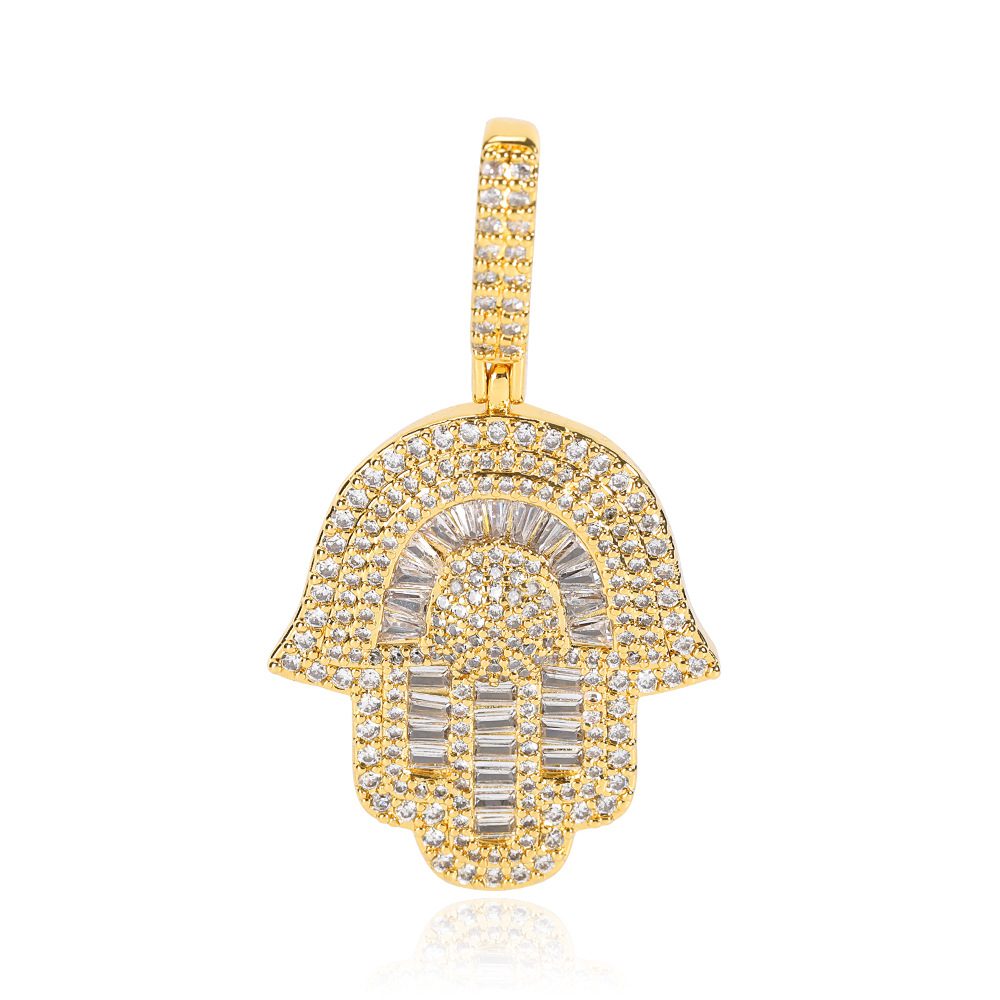 Cubic Zirconia Hand of Fatima Pendant Necklace - Unisex Hip Hop Jewelry, Platinum-Plated, Gift Idea