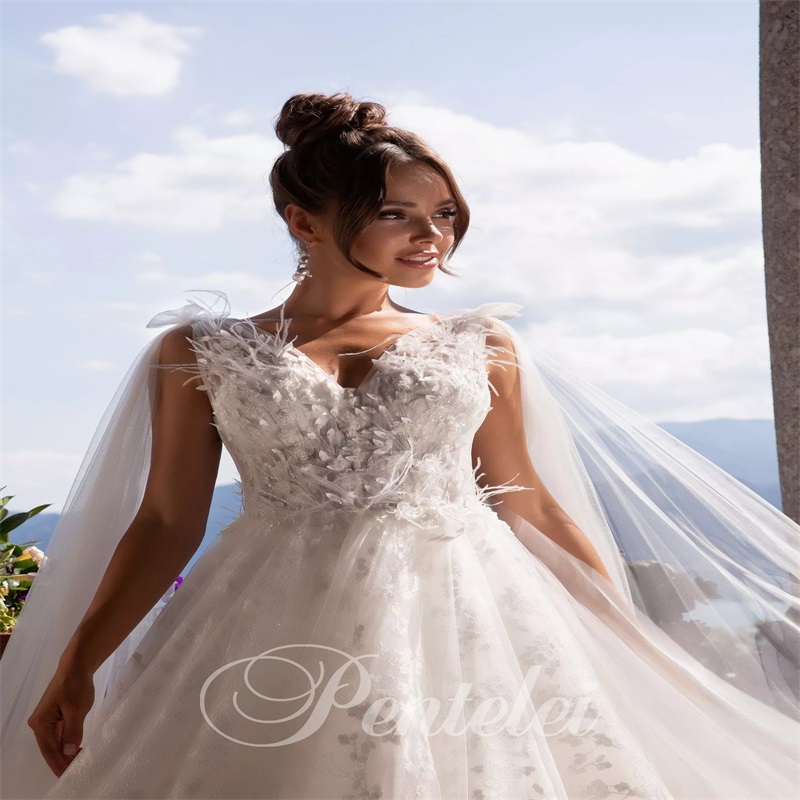 Newest Gorgeous Wedding Dresses 3D-Floral Appliqued Feather Chapel Bridal Gown V-neck Sleeveless Ruched Tulle Custom Made Vestidos De Novia