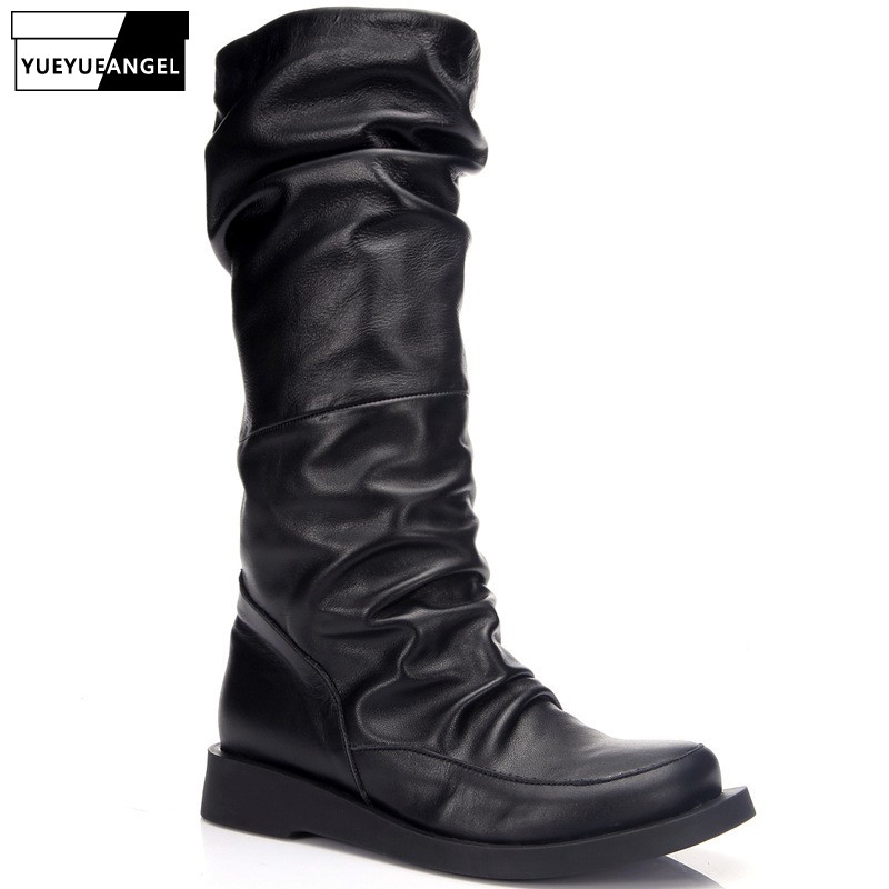 Genuine Leather High Boots Round Toe Slip On Personality Vintage Pleated Cowhide Mid Calf Boots Solid Casual Women Wedges, Black
Genuine Leather High Boots Round Toe Slip On Personality Vintage Pleated Cowhide Mid Calf Boots Solid Casual Women Wedges, Black