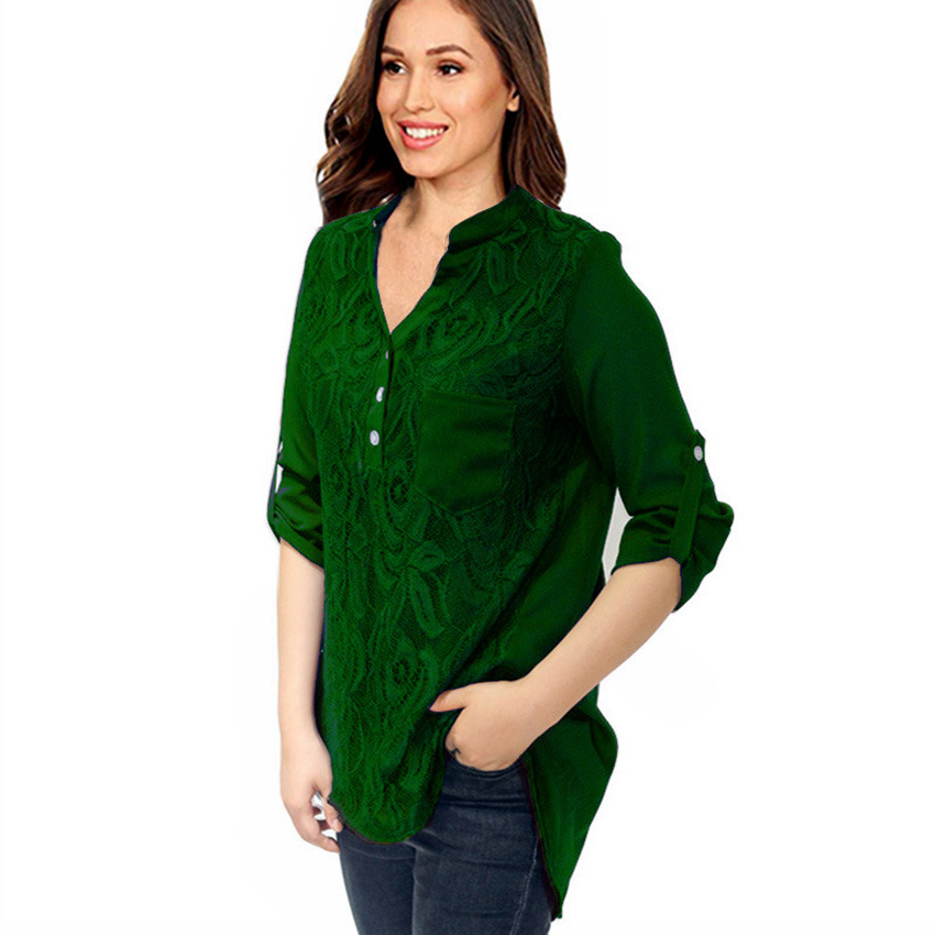 2021 European fashion solid color V-neck long sleeve lace slim shirt red gray green black blue support mixed batch