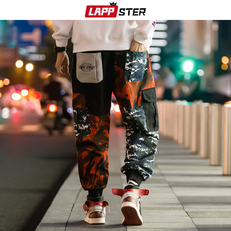 LAPPSTER Men Color Block Cargo Pants Streetwear Hip Hop Harem Pant Ankel Length Camo Pants Patchwork Sweatpants Camouflage 200925