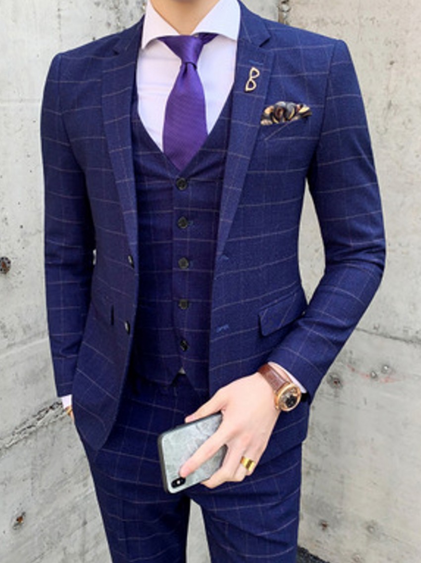 Fashion Navy lattice Groom Tuxedos Notch Lapel Groomsman Wedding Tuxedos Men Prom Jacket Blazer 3 Piece Suit(Jacket+Pants+Tie+Vest) 31