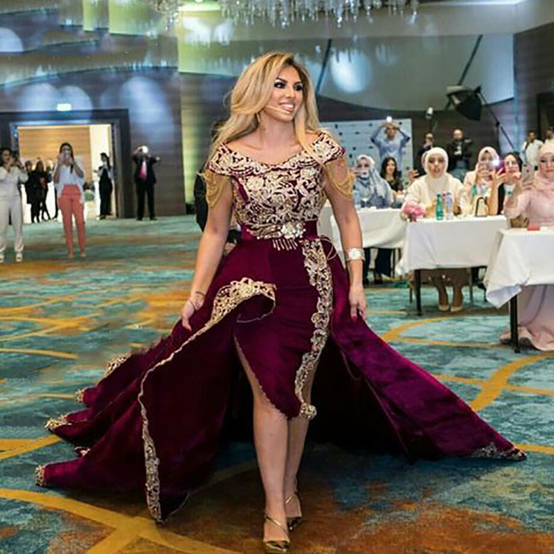 Eightae Burgundy Evening Dress with Detachable Train Cap Sleeves Appliques African Velvet Arabic Morocco Kaftan Prom Party Gown