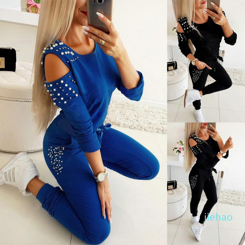 Fashion- Women's Jogger Tracksuit 2020 Spring Winter Casual Tracksuit 2Pcs Sets Long Cold Shoulder Beading Sweatshirt Tops And Pant