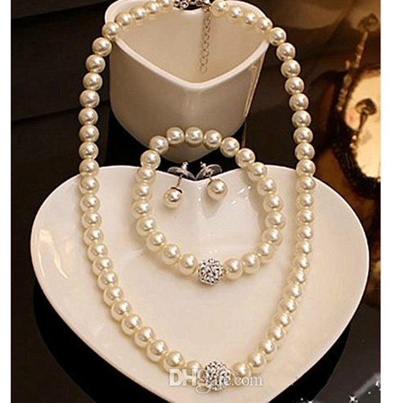 High Quality Cream Glass Pearl and Disco Rhinestone Ball Women Bridal Necklace Bracelet and Earrings Wedding Jewelry Sets, White
High Quality Cream Glass Pearl and Disco Rhinestone Ball Women Bridal Necklace Bracelet and Earrings Wedding Jewelry Sets, White