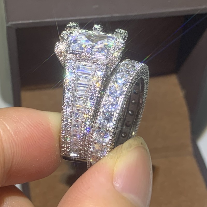 Size 5-10 Vintage Fine Jewelry 925 Sterling Silver Princess Cut Large White Topaz Pave CZ Diamond Gemstones Couple Women Bridal Ring Set