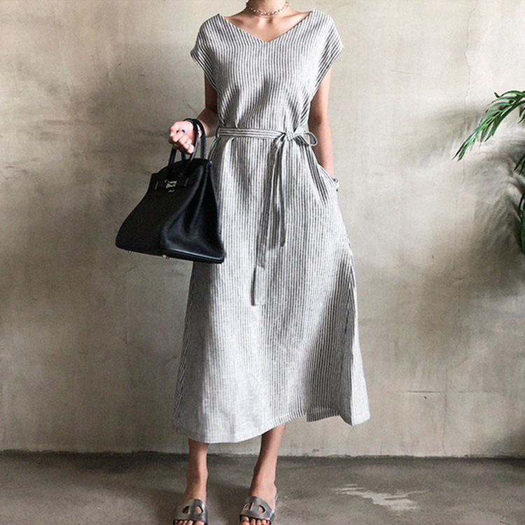 Casual Dresses CHICEVER Striped Dress Women V Neck Tank Sleeveless High Waist Lace Up Tunic Split Maxi Summer Female 2021 Clothes