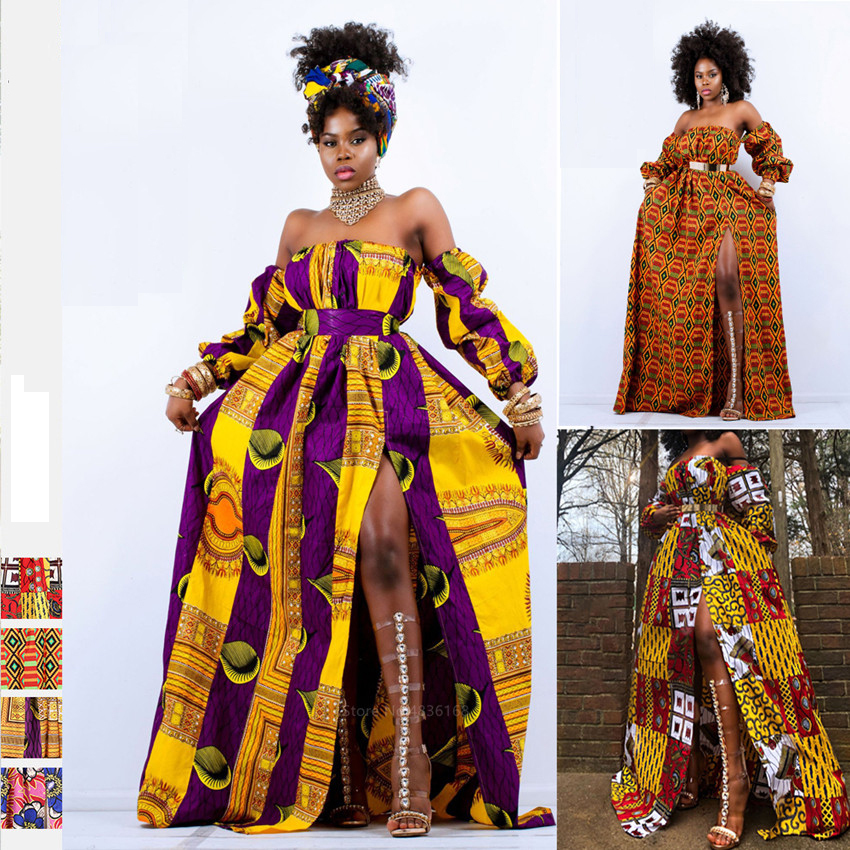 African Ladies Clothes 2020 News Shoulder Off Dress Dashiki Print Long Sleeve Maxi Clothing Plus Size African Dresses for Women CX200813