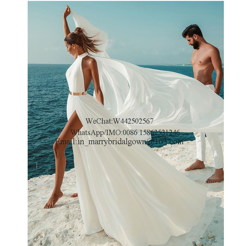 Sexy Backless Plus Size Beach Wedding Dresses 2021 A Line Halter Greek Style Boho Chiffon vestido De Novia Bridal Gowns
