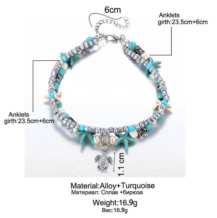 Double Anklet Conch Starfish Rice Bead Yoga Beach Turtle Pendant Anklet Bracelet GD543