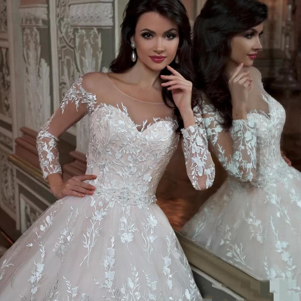 Princess Wedding Dresses Bridal Ball Gown Dubai Arabic Illusion Full Sleeve Elegant Lace Applique Custom Made Bride Dress