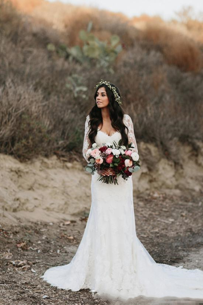 Country Lace Wedding Dresses Mermaid Bridal Gowns Sexy Open Back Illusion Long Sleeve Vintage Outdoor Bride Dress
