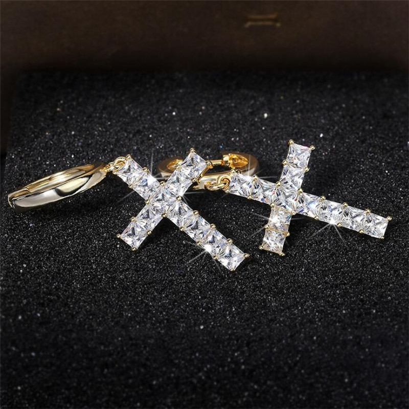 Vintage Sterg Sier Gold Fill Radiant Cut White Topaz Cross Dangle Earrings