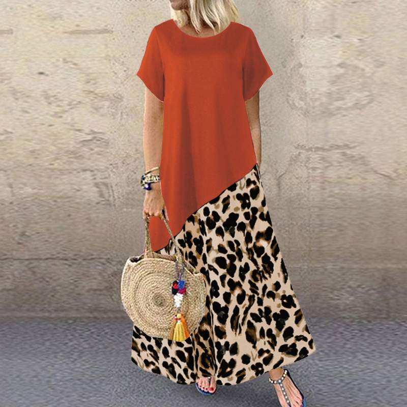Fashion Leopard Printed Maxi Dress Women's Summer Sundress ZANZEA 2020 Casual Short Sleeve Patchwork Vestidos Plus Size Robe 5XL