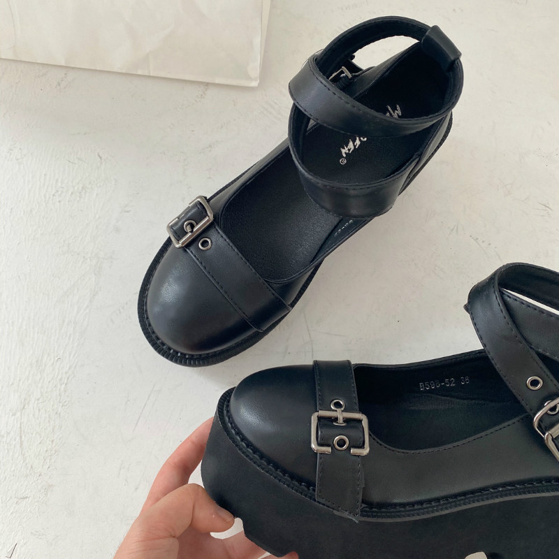Boussac Chunky Heel Platform Mary Jane Shoes Women Black Punk Buckle Deco Goth Lolita Shoes Women Round Toe Platform Heels