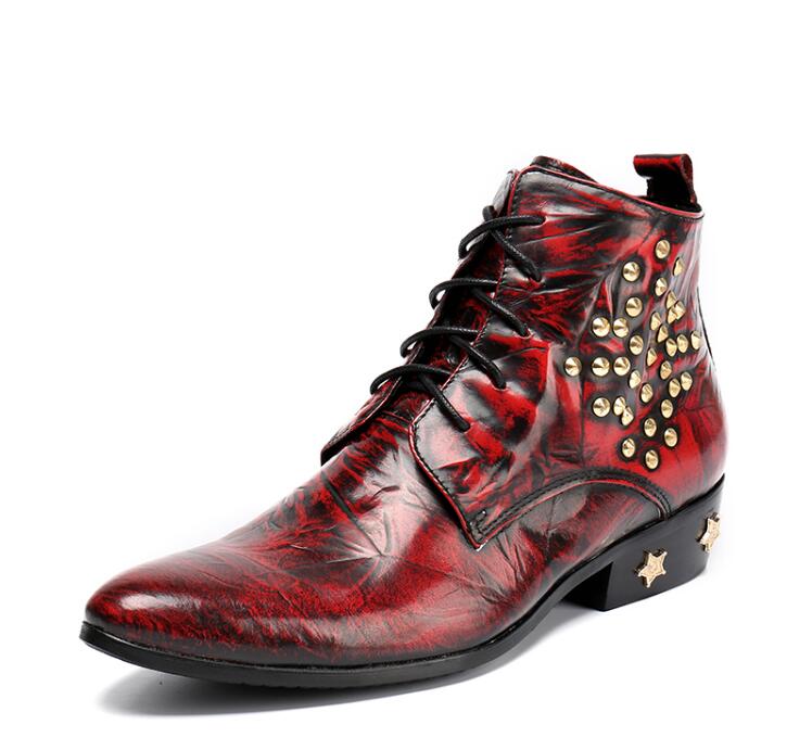 Ankle Boots men's dress shoes pointed toes genuine leather red wedding shoes lace up boots rivets In elevator
Ankle Boots men's dress shoes pointed toes genuine leather red wedding shoes lace up boots rivets In elevator