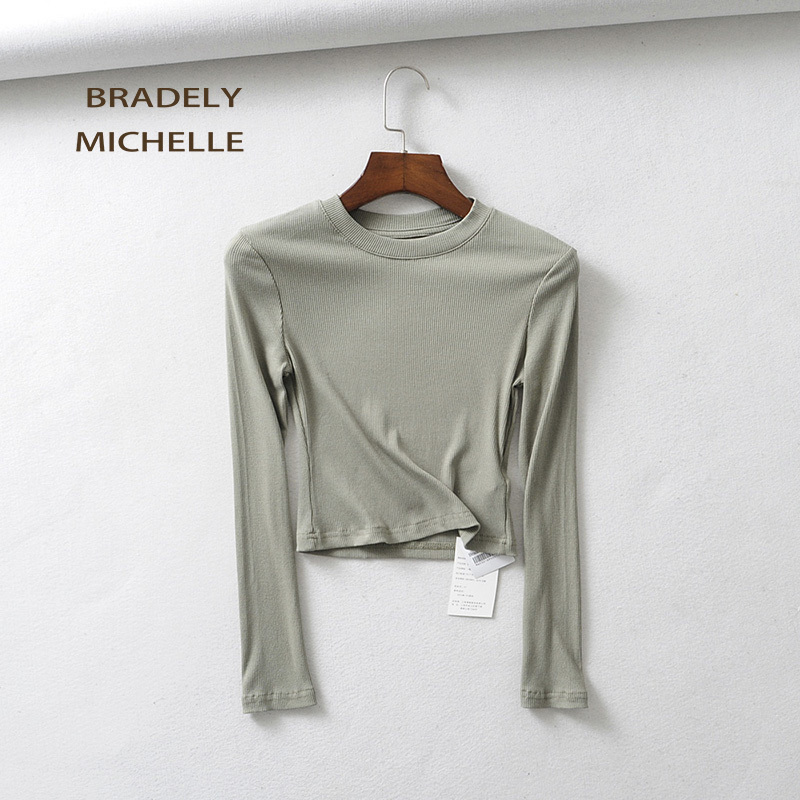 BRADELY MICHELLE Summer sexy women oneck longsleeve Tshirt slim elastic cotton crop tops